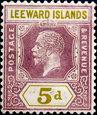 Британские Подветренные острова 1922 год . King George V 5 p . Каталог 2,50 фунтов.  